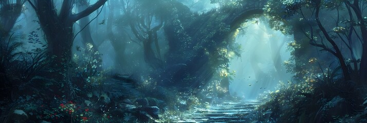 Enchanted Woodland Glade with Shimmering Waterfall and Misty Atmosphere - obrazy, fototapety, plakaty