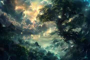 Fototapeta na wymiar Enchanting Ethereal Landscape with Dramatic Stormy Skies and Mystical Forest