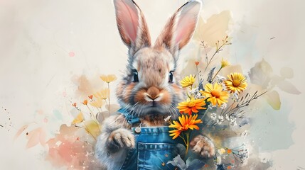 Watercolor Easter Bunny in a Sunny Wildflower Meadow - obrazy, fototapety, plakaty