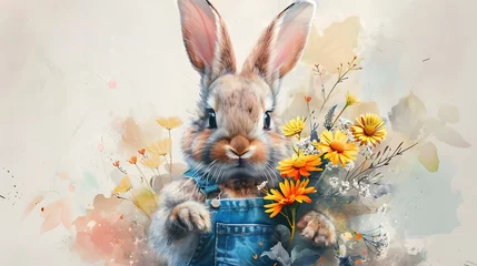 Muurstickers Boho dieren Watercolor Easter Bunny in a Sunny Wildflower Meadow