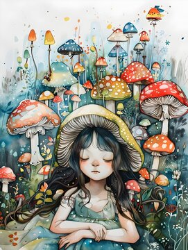 Enchanting Fairy Girl Among Vibrant Mushroom Forest Landscape