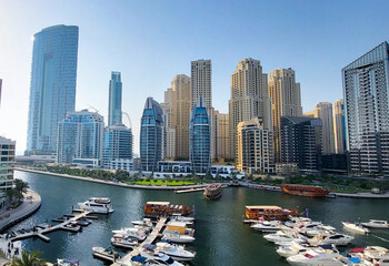Panoramic view of Dubai Marina, Dubai Marina is an artificial channel with a length of 3 km, laid along the coastline of the Persian Gulf