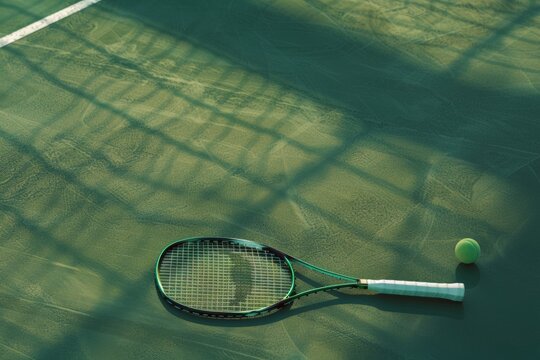 Sun-bathed tennis racket and ball cast shadows on a clay court.