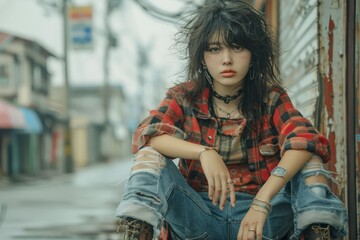 Fototapeta premium Stylish Young Woman in Trendy Outfit Sitting on Urban Street, Edgy Fashion Model with Moody Expression in Cityscape