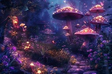 Whimsical fairy garden with glowing mushrooms, enchanted flowers, and magical creatures, digital illustration