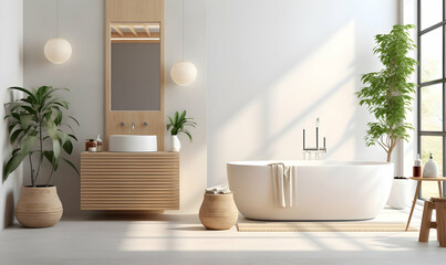 Fototapeta premium Interior of light bathroom with white sink bat