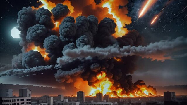 Big fire explosion after military attack. Gray day. Plumes of smoke after an rocket fire damage. View of building collapsed. War concept. 4 k