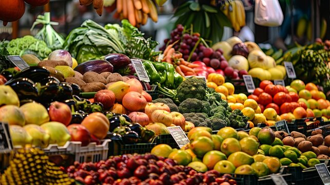 A vibrant display of fresh fruits and vegetables at a local farmers market, showcasing organic and healthy food options. Fresh Produce Array at a Local Farmers Market

