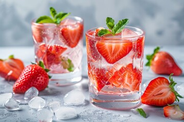 Refreshing strawberry summer drink with ice and mint on light background