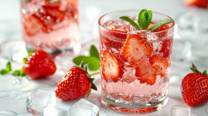 Refreshing strawberry summer drink with fresh fruit and ice cubes - obrazy, fototapety, plakaty