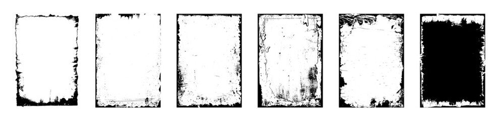  Overlay texture stamps with old, paper, grunge, grainy, vintage, worn, dust effect. Torn and crumpled pattern for poster or vinyl album cover. Vector of rough, dirty, grainy design, poster frame.