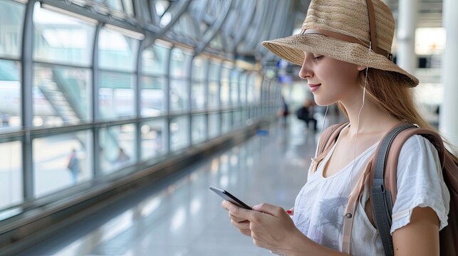 A woman is looking at her phone while standing in an airport. She is wearing a straw hat and a white shirt