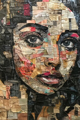 A collage of a womans face meticulously pieced together using cutouts from newspapers