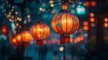Colorful traditional Chinese lanterns hanging from a tree on a city street at night under the glow...