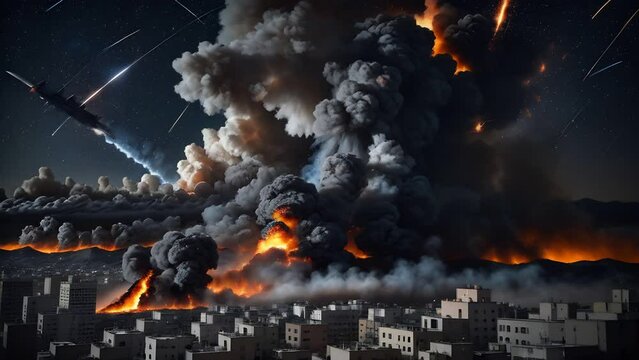 Night view of plumes of smoke. Big explosion after military attack and fire after an rocket damage, building collapsed. War concept. 4k