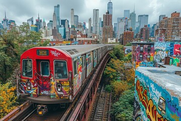 Colorful graffiti tags adorn a subway train as it travels through a vibrant urban area with...