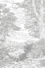 A detailed black and white drawing showcasing the dense trees, winding paths, and wildlife of a forest setting