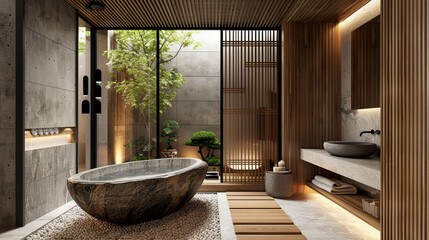 Fototapeta premium A lavish bathroom boasting a unique stone bathtub with wooden elements and indoor greenery creating a spa-like atmosphere