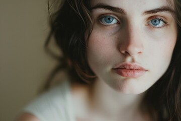 Fototapeta premium A young woman with striking blue eyes gazes at the viewer, her expression contemplative.