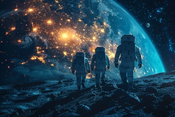 Three astronauts exploring a vivid extra-terrestrial landscape with Earth in the background