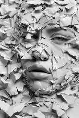 A close-up view of a womans face with various pieces of torn paper scattered around her head