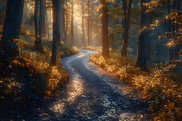  A winding forest trail with sunlight streaming through the trees, casting dappled shadows on the ground. 