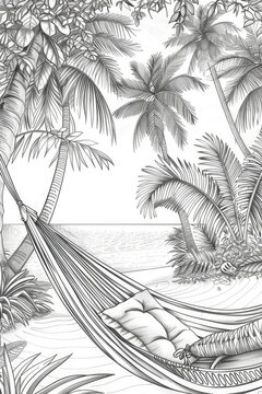 Coloring page of hammock hanging between two palm trees on a sandy beach with the ocean in the background