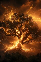 Towering Ancient Oak Tree Silhouetted Against Raging Thunderstorm with Fiery Lightning Explosion - obrazy, fototapety, plakaty