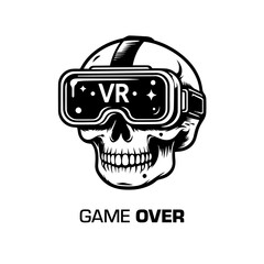 Human skull with VR glasses with a caption: GAME OVER. Black and white vector illustration