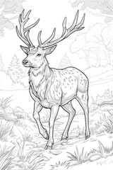 Coloring page of deer stands in tall grass, surrounded by trees in the background. The deer appears alert and graceful in its natural habitat