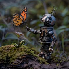 Friendly Nickel Robot Assisting Lost Butterfly in Verdant Forest Enclave - obrazy, fototapety, plakaty