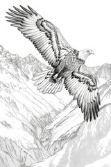 Drawing showing an eagle soaring above a range of mountains