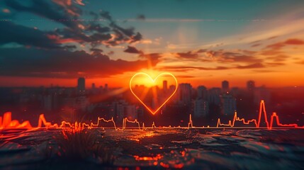 Glowing Heart Over Cityscape at Sunset, Love and Urban Life Concept, Digital Art Creation. Sunset...