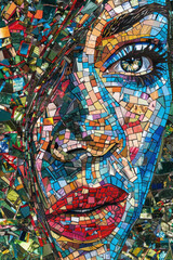A mosaic artwork depicting a womans face, intricately crafted from vibrant and diverse colored tiles