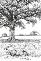 A black and white drawing of a rabbit relaxing under a tree, surrounded by nature
