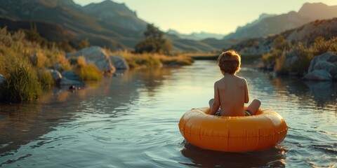 A young boy sits on an inflatable raft in the middle of a flowing river, enjoying a leisurely time on the water. - obrazy, fototapety, plakaty