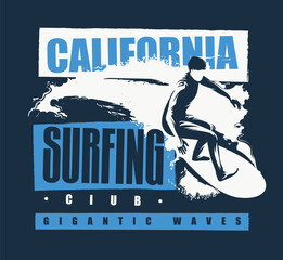 poster for a Californian surf club. vector black and white drawing of a surfer on a board riding the waves at sea - 770537550