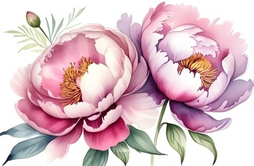 Peony flowers painted in watercolor, isolated on a white background. Flowers for printing on postcards, packaging, greetings.