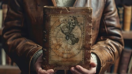 Vintage Map in an Antique Book Held by an Individual in a Leather Jacket, Depicts Exploring or Travel Theme. Perfect Image for Historical Concepts. Artistic and Mysterious Mood. AI