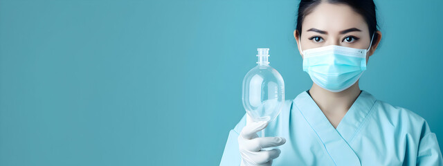 Doctor in protective mask and gloves holding sanitizer bottle on blue background - obrazy, fototapety, plakaty