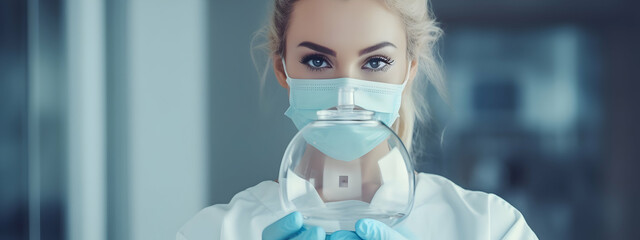Doctor in protective mask and gloves holding sanitizer bottle on blue background - obrazy, fototapety, plakaty