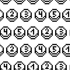 Fototapeta premium A coin pattern with numbers in black pixels. The number icon. Vector illustration. Pixel graphics. Circles with numbers. Retro style elements on a white background. Small black squares in a group