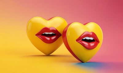 Two heart-shaped figures with bold lips lean together in a tender moment, set against a gradient backdrop, a metaphor for intimate connection. AI generation