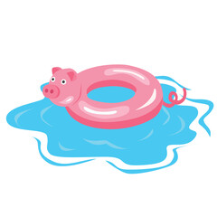Obraz premium Swimming ring vector in pig shape. Inflatable float, inflatable pool float clipart. Water lifebuoy. Summer element. Hello summer concept. Cartoon flat vector isolated on white background.