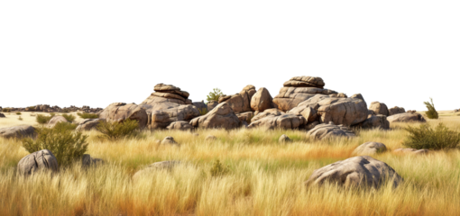 Savanna with faded grass and rocks, cut out