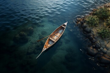 Wooden canoe in the azure waters of the Mediterranean coast, view from above 
