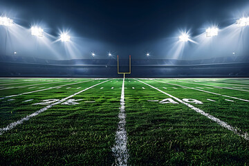 A dramatic American football field illuminated by bright stadium lights, creating sharp contrasts between light and shadow showcasing the green grass and white lines under a dark night sky. - obrazy, fototapety, plakaty
