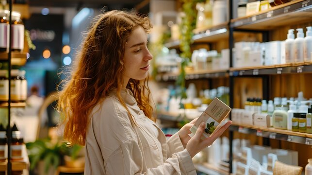 Young Woman Shopping for Organic Products at a Local Health Store. Casual Lifestyle, Conscious Consumer. AI