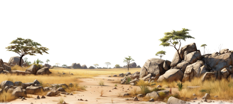 Savanna with faded grass and rocks, cut out