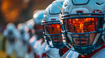 Close-up of American football players lined up in helmets, reflective visors glowing with the sunset light - obrazy, fototapety, plakaty